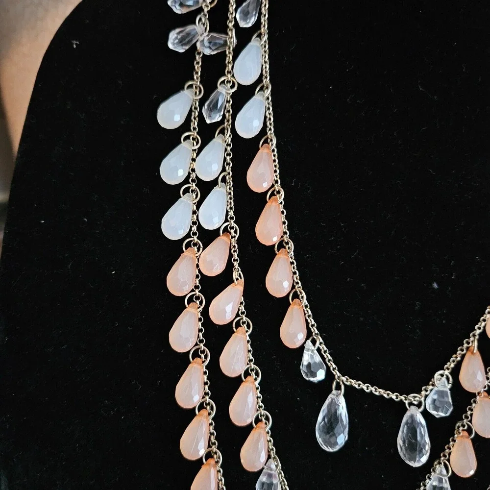 Multi Strand Dangle‎ Bib Necklace Goldtone Peach, Clear, & milk acrylicBeads